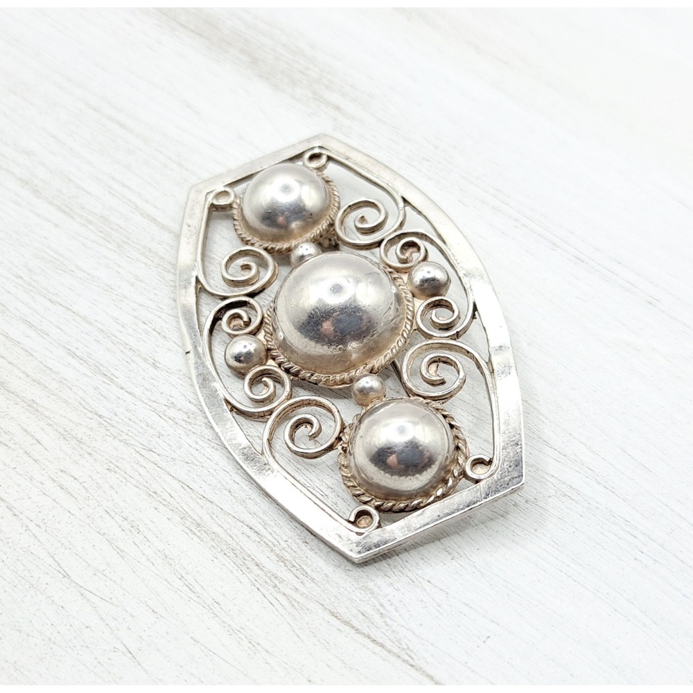 Vintage Sterling Silver Brooch Mid Century Mexico 925 Scroll Dome Pin - Picture 4 of 10